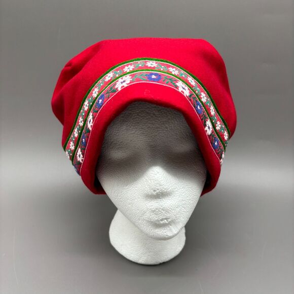 Handmade Accessories - Vintage Scandinavian Folk Hat Red Wool Bonnet Floral Trim Lining Ladies Cap